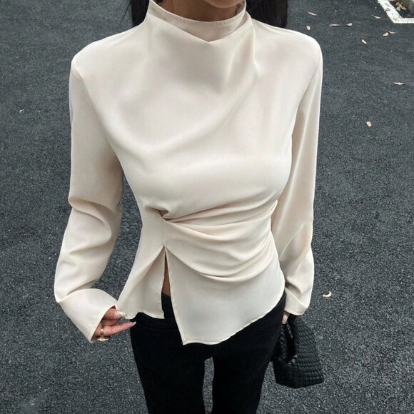Apricot Elegant Women's Stand Collar Pleated Long Sleeve Blouse - Picture 3 of 6